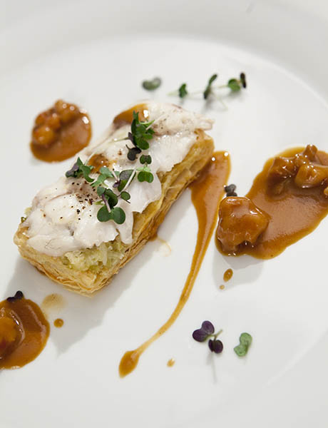 monkfish tart with leek confit and shrimps sauce by chef kostas arampatzis